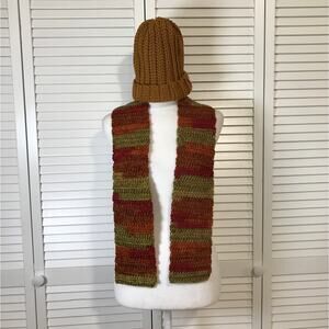 NWT Handmade Crocheted Brown Multicolor Textured Beanie & Scarf 51”